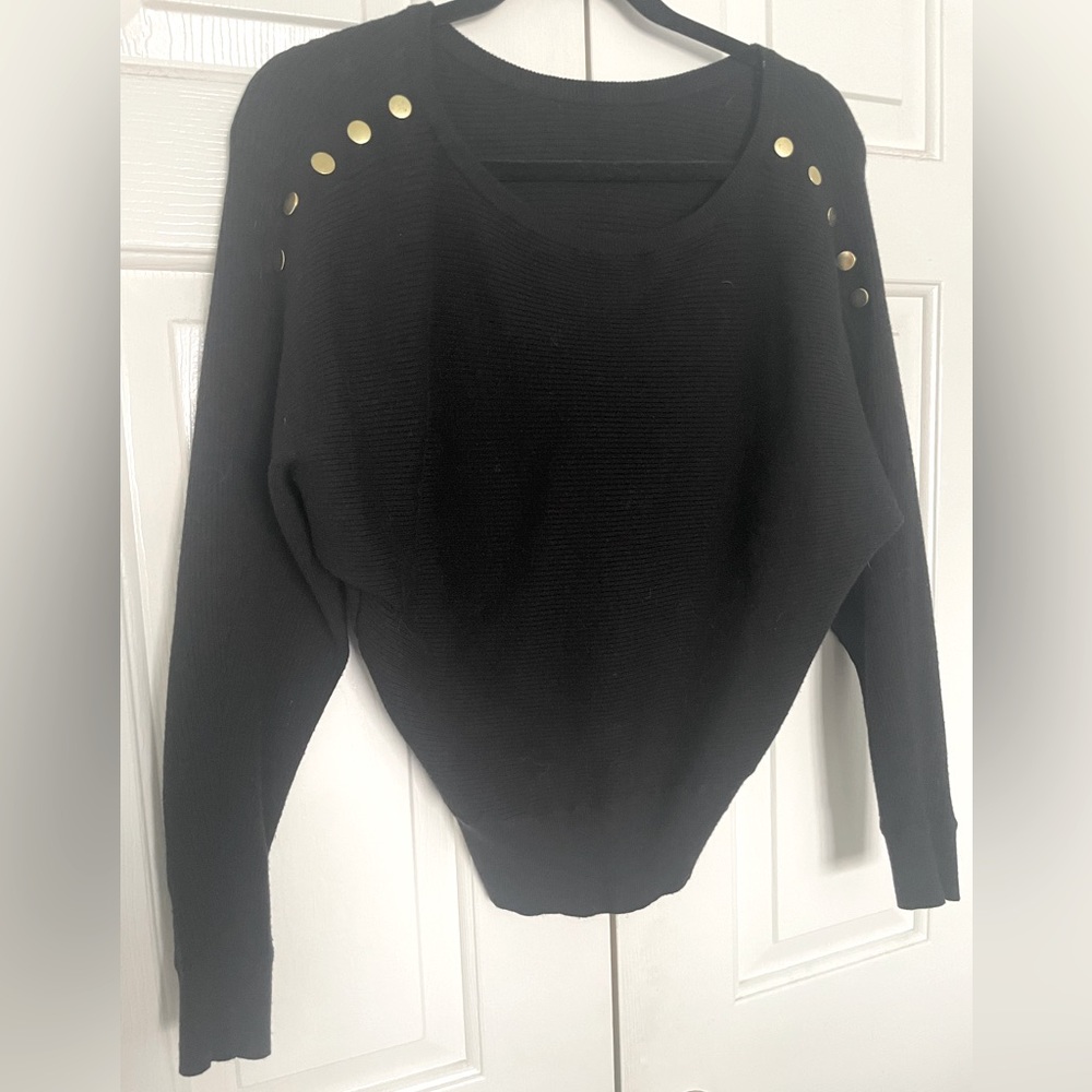 Express Black Sweater with Gold Button Shoulder Detail.